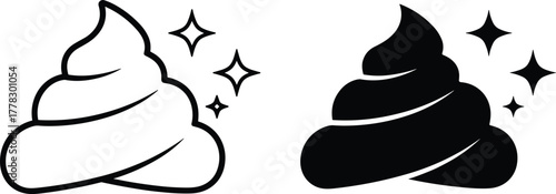 Funny poop emoji vector illustration, swirl icon with sparkles, cartoon humor symbol, clean design, black silhouette, isolated style, comic character art