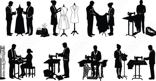 Fashion design silhouettes, tailoring process icons, sewing machine, dressmaking on mannequin, teamwork in garment creation, vector illustration for clothing, textile, creative industry concepts