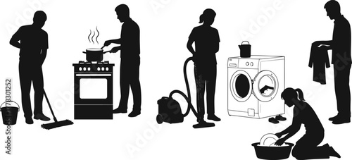 Household chores vector illustration set, black silhouette people icons cleaning cooking washing folding vacuuming mopping dishes, domestic work design collection