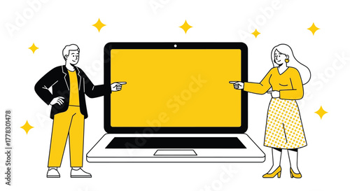 Laptop presentation business people pointing at screen advertisement vector