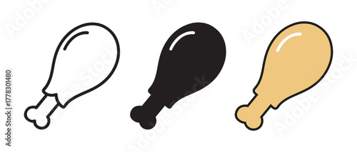 Chicken leg icon set in outline, solid, and color vector format.