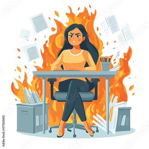 Stressed angry woman sitting in the office on fire. Concept of deadlines, overwork and burnout.   , vector style simple color