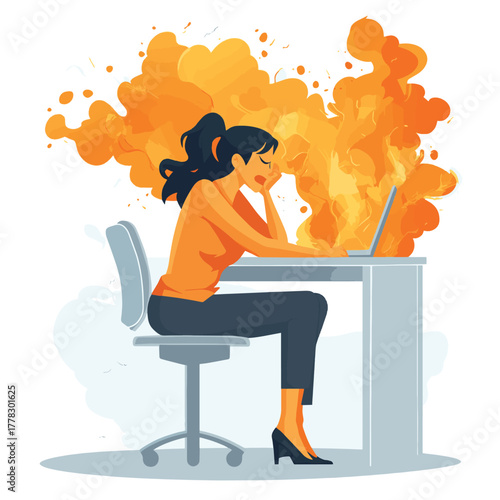 Stressed angry woman sitting in the office on fire. Concept of deadlines, overwork and burnout.   , vector style simple color