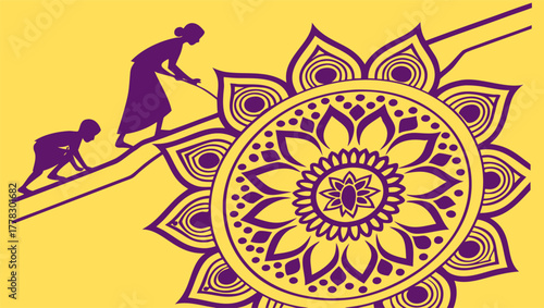 Diwali festival holiday design in elegant paper cut style featuring intricate Indian Rangoli patterns in rich purple hues on a vibrant yellow background, celebrating the festival of lights 