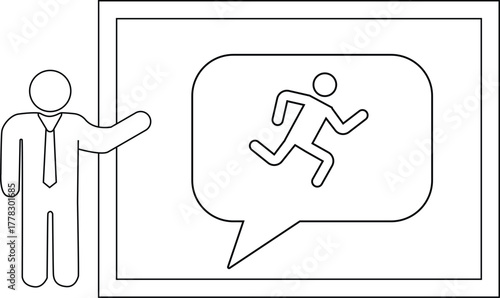 Stick figure presents emergency exit symbol in chat bubble on screen