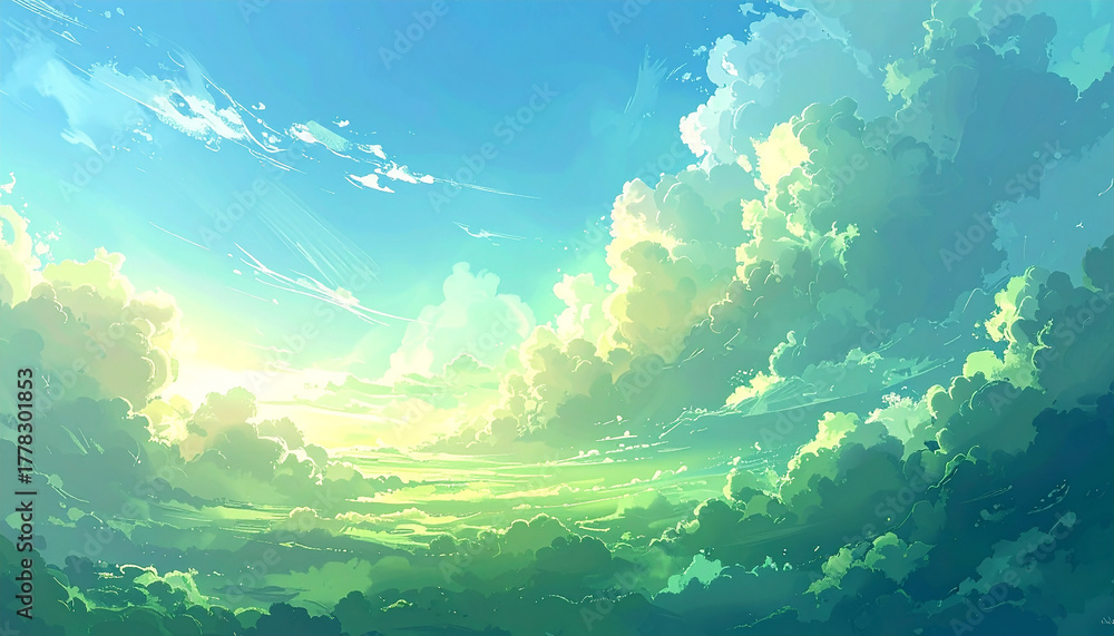 Fototapeta A beautiful summer day with a few clouds in the sky the sun is shining brightly and the birds are singing the trees are green and lush
1