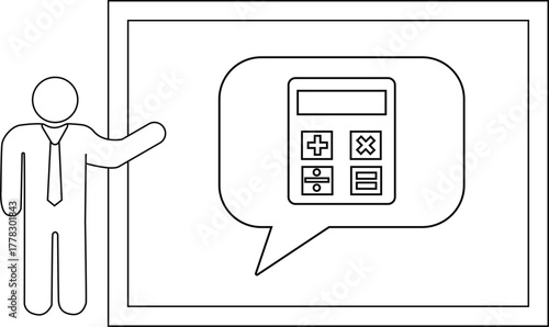 Stickfigure man presents calculator image on frame math subject matter