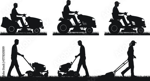 Lawn mower silhouettes vector, grass cutting icons, gardening equipment illustration, landscaping tools design, riding mower symbol, push mower graphic, black minimal artwork set