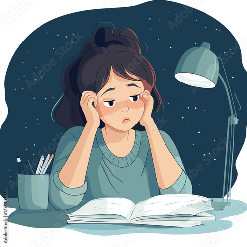 Exhausted young woman feeling pressure and burnout while working or studying late at night. A concept of mental health struggles and deadline stress.   , vector style simple color