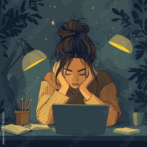 Exhausted young woman feeling pressure and burnout while working or studying late at night. A concept of mental health struggles and deadline stress.   , vector style simple color