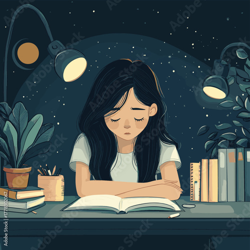 Exhausted young woman feeling pressure and burnout while working or studying late at night. A concept of mental health struggles and deadline stress.   , vector style simple color