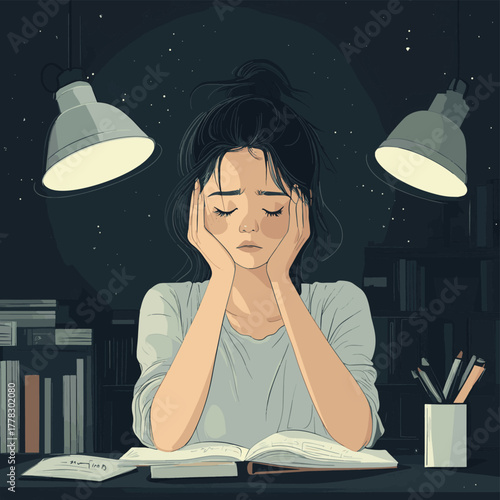 Exhausted young woman feeling pressure and burnout while working or studying late at night. A concept of mental health struggles and deadline stress.   , vector style simple color