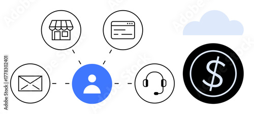 Central user icon connects to email, storefront, web browser, headset, and dollar coin under cloud. Ideal for digital communication, business operations, customer service, networking finance cloud
