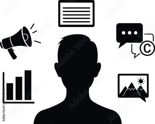 Media communication icons vector, business content illustration, digital marketing symbols, data analysis graphic, creative idea design, copyright dialogue element, minimal black silhouette set