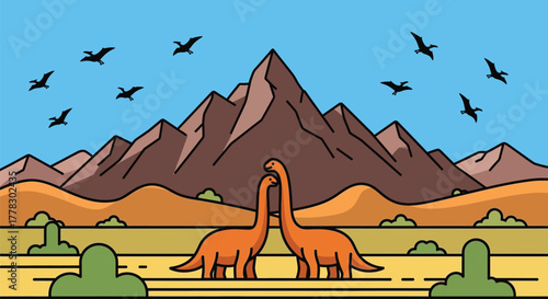 Dinosaur illustration landscape mountains pterodactyls vector art vector