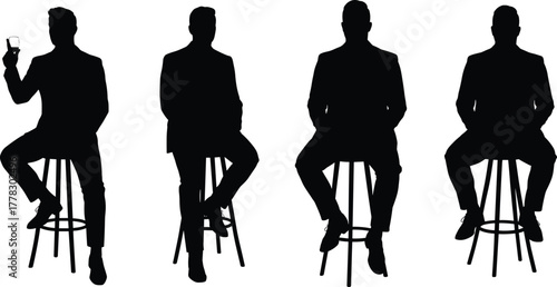 Men silhouettes sitting on stools, business suit vector illustration, male figure poses, formal clothing artwork, professional posture design, black white graphic clipart