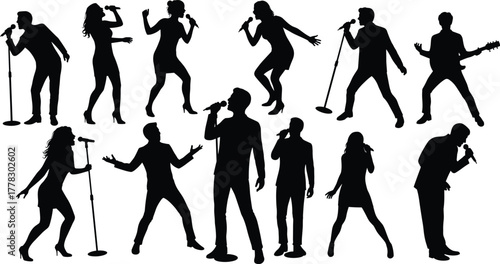 Music performance silhouette vector illustration, singer and musician icons set, concert stage art, live entertainment design, microphone, guitar, dancing poses collection
