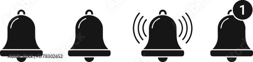 Notification bell icons vector, black silhouette set, alert symbol illustration, ringing bell design, message reminder graphic, digital interface element, minimal style artwork
