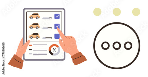 Hands holding a checklist with car options, check marks, and pie chart circular navigation dots nearby. Ideal for car rental, decision-making, preferences, data analysis, planning, reviews choices