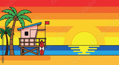Beach sunset illustration with lifeguard tower palm trees and surfboard vector