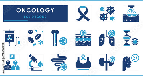 A set of flat icons related to Oncology. Cancer, treatment, lungs, kidney, skin, doctor, and so on. Vector solid icons.