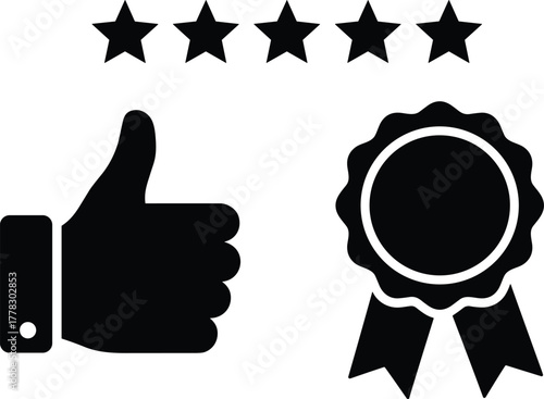 Quality rating vector icons set, five star review thumbs up award ribbon symbols, black silhouette illustration, customer satisfaction and achievement design