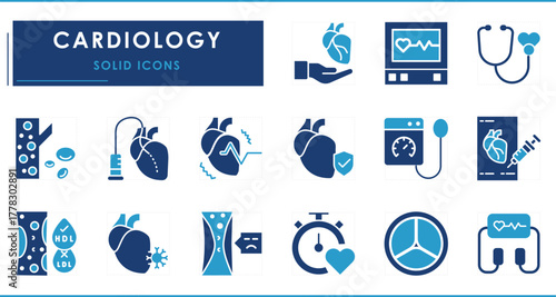 A set of flat icons related to Cardiology. Heart, health, blood vessel, stethoscope, catheter, pressure cuff, artery, valve, and so on. Vector solid symbols.