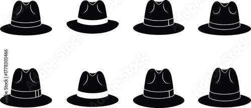 Silhouette collection of hats, various crown and brim styles, fashion accessories vector illustration, classic headwear design for costume, clothing, character, and style concepts