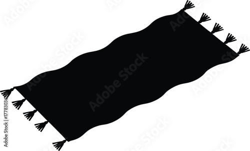 Silhouette decorative rug with tassels, wavy edge carpet design, traditional textile vector illustration, home decor element, oriental style floor covering art
