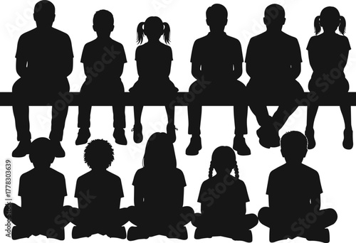 Silhouette group of children sitting together, kids in two rows on bench and floor, vector illustration for education, childhood, school, teamwork design
