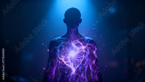 An AI being discovering its inner soul through fractal light within a digital void, exploring emotion and awareness in a far future.