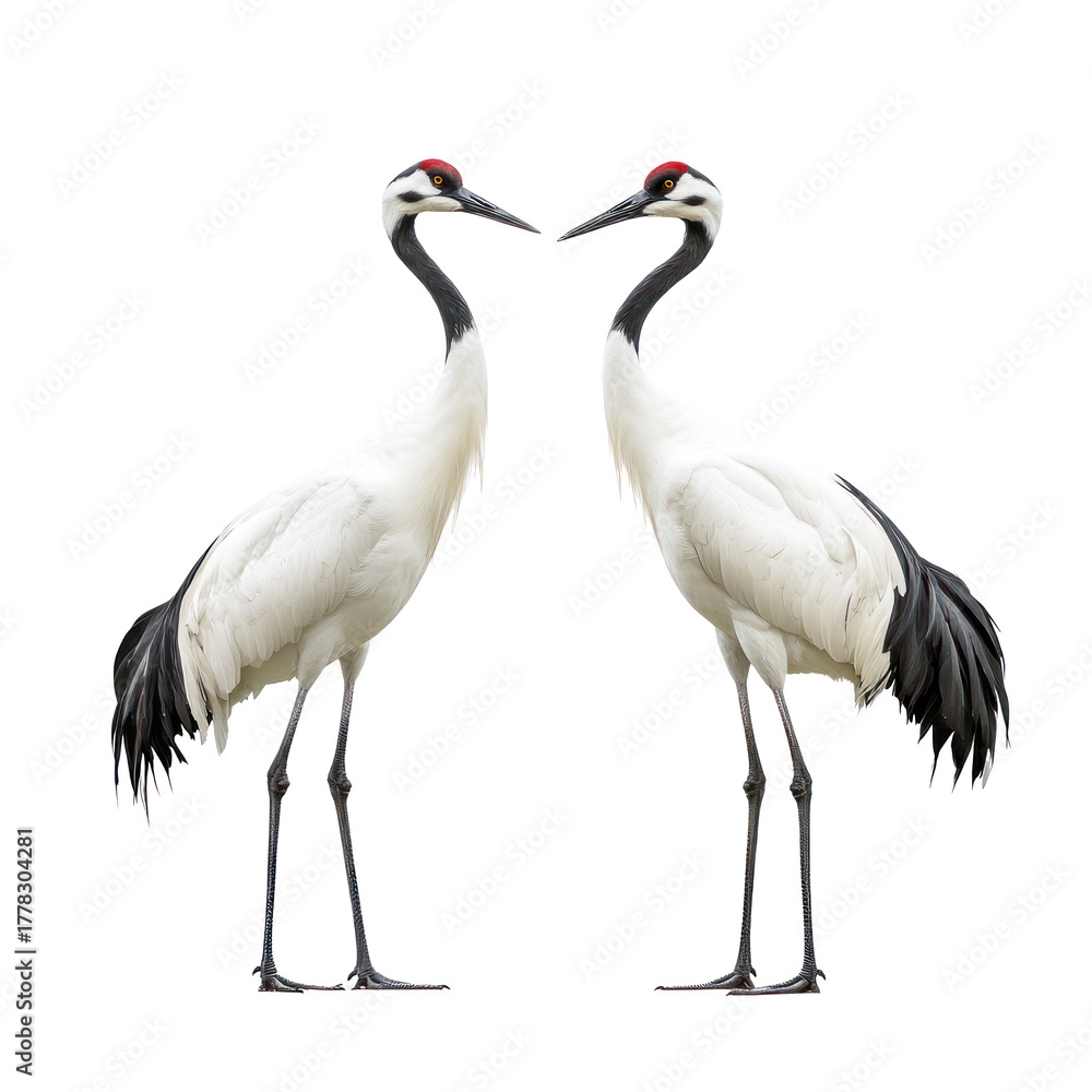 Obraz premium Crane interacting Two cranes engage in social behavior, such as synchronized movements or displays. full length isolate on transparent background