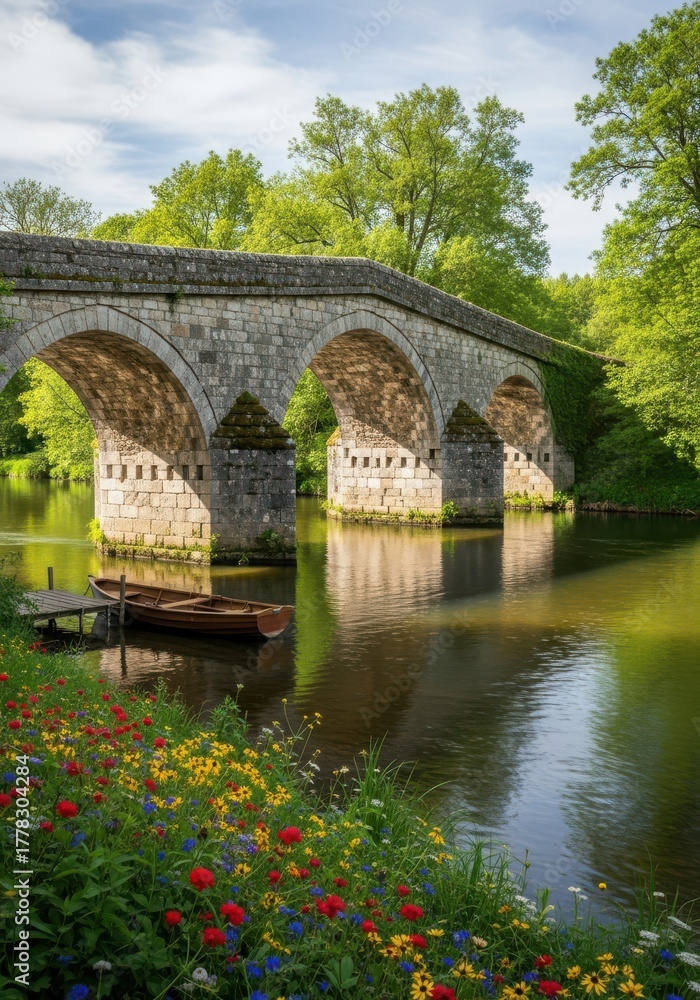Fototapeta premium Picturesque stone bridge spanning tranquil river bordered by lush vegetation and vibrant blooms