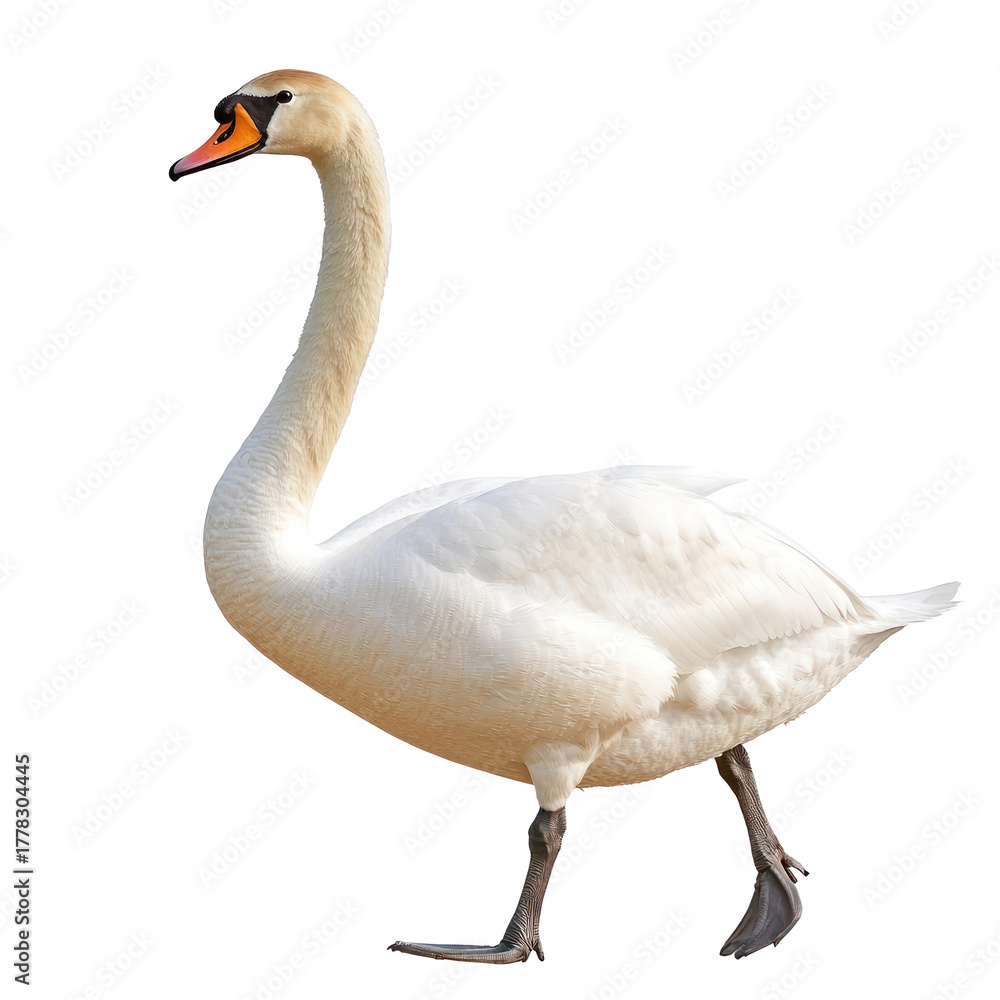 Obraz premium Swan walking swan walks on land with neck held upright and wings slightly folded. full length isolate on transparent background
