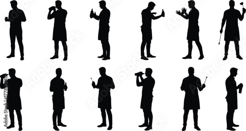 Silhouette vector collection of worker in apron, holding tools, handyman, mechanic, technician, kitchen staff, isolated poses, professional occupation illustration