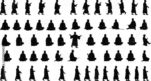 Silhouette vector illustration of people in various poses, walking, sitting, standing, meditation, 