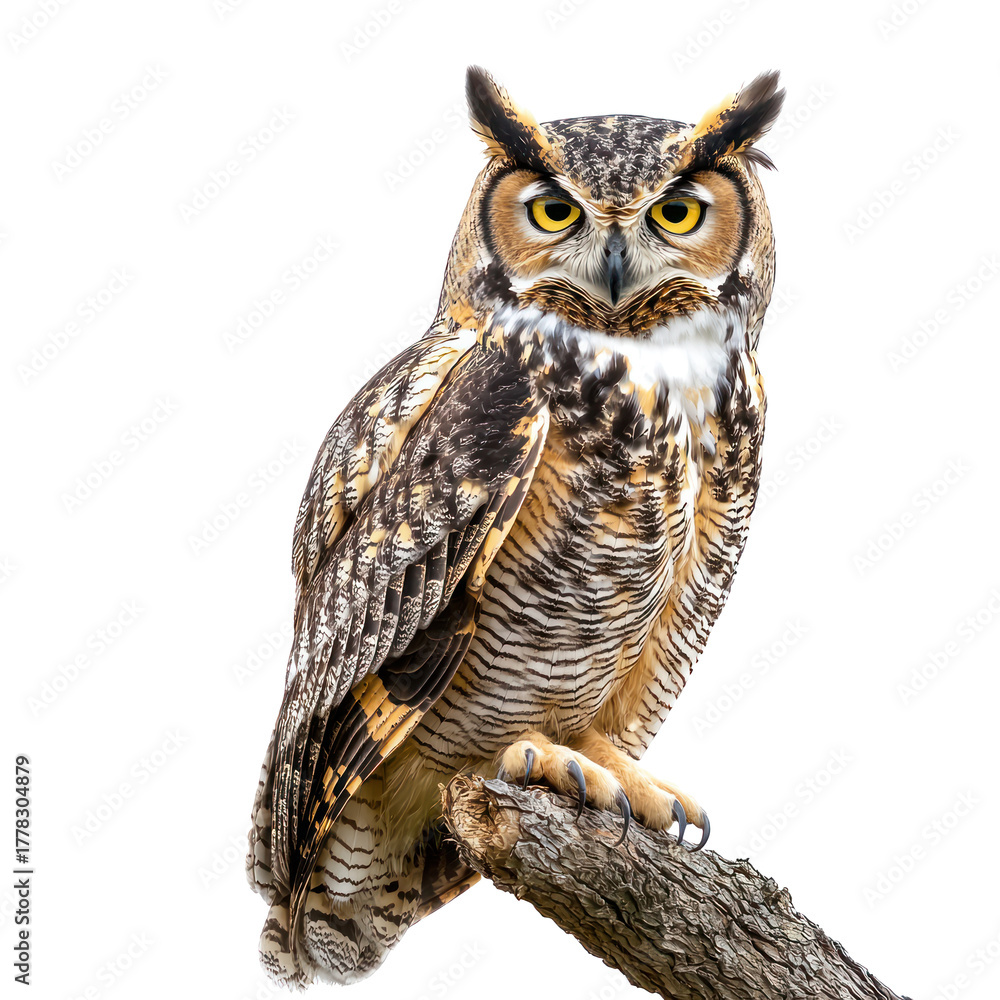 Naklejka premium Owl perched An owl sits on a branch, head turned, and wings tucked close. full length isolate on transparent background