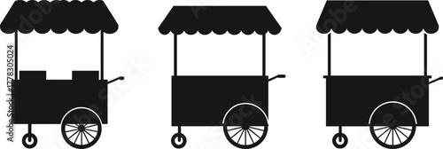Street vendor cart silhouettes, black vector illustration, market stall icons, canopy design, food cart symbols, mobile shop graphics, outdoor selling equipment, minimal artwork