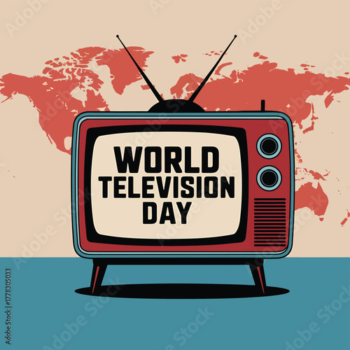 Vector art of a vintage red television displaying world television day in bold text, with a stylized world map in the background