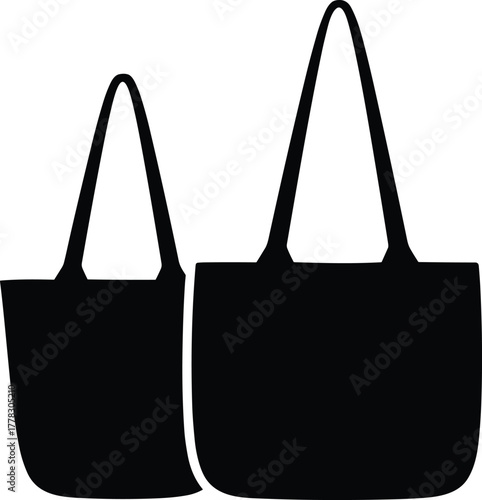 Tote bag silhouette vector illustration, fashion accessory icons set, reusable shopping bag design, eco friendly style, retail packaging concept, minimalist black graphic