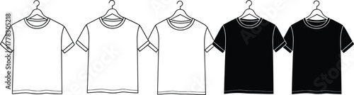 T‑shirt vector illustration set, black and white clothing design, casual fashion apparel template, hanging shirt graphic, modern garment icon, simple wardrobe symbol