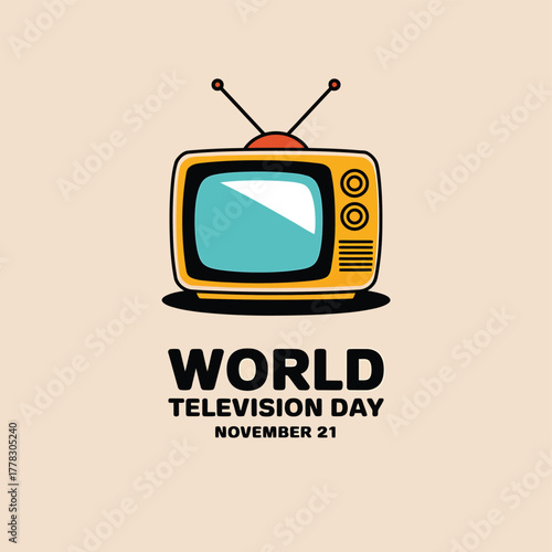 Vector art of retro yellow television set with rabbit ears antenna displaying a bright screen, celebrating world television day on november 21st with a simple, clean design