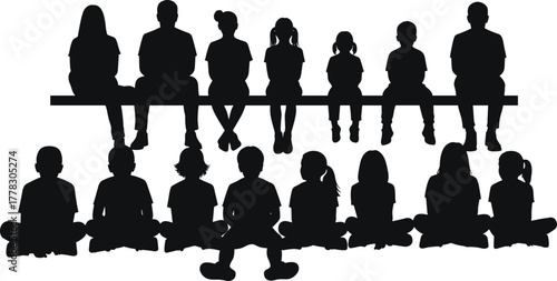 Children silhouette vector illustration, group of kids sitting in rows, school classroom concept, childhood icon design, education graphic, student group template