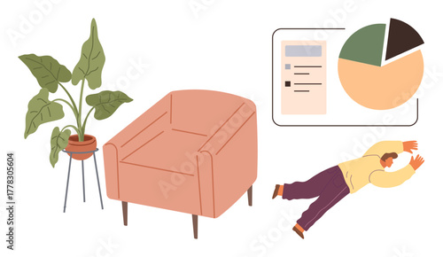 Cozy armchair, potted plant, person falling near analytics data chart. Ideal for wellness, burnout, comfort, analytics, stress management, balance productivity simple flat metaphor