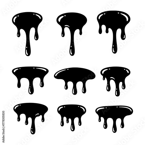 Black Dripping Liquid Paint Slime Stain Splash Drops Isolated Collection