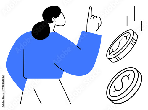 Woman raising finger while witnessing coins descent. Ideal for finance, investment, savings, budgeting, entrepreneurship, decision-making, money management. Clean and simple flat metaphor