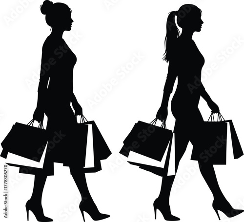 Women shopping silhouette vector illustration, female figures with bags, fashion lifestyle icons set, retail consumerism concept, stylish shoppers graphic, minimalist black design