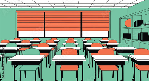 Classroom interior design empty school desks and chairs illustration editable