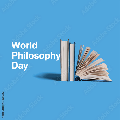 Vector art of world philosophy day represented by a stack of books and an open book, set against a vibrant blue background