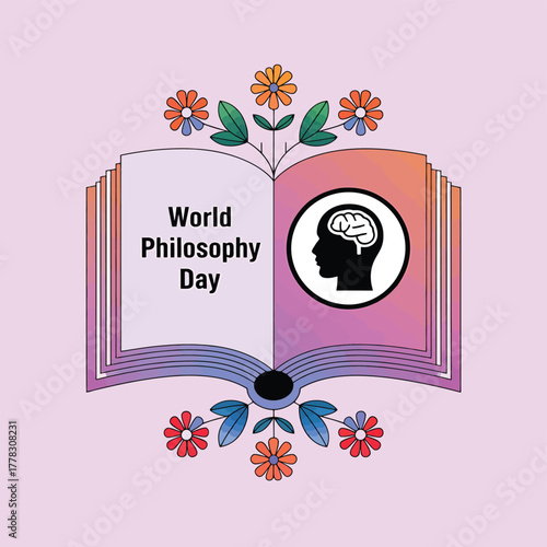 Vector art of world philosophy day celebrated with an open book symbolizing knowledge and a silhouette of a head with a brain, adorned with flowers and leaves on a light purple background